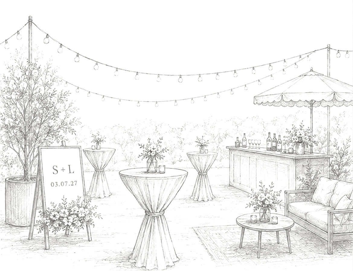 An outdoor party setup with festoon lights strung between poles, cocktail tables, a bar cart, and a lounge area among potted greenery